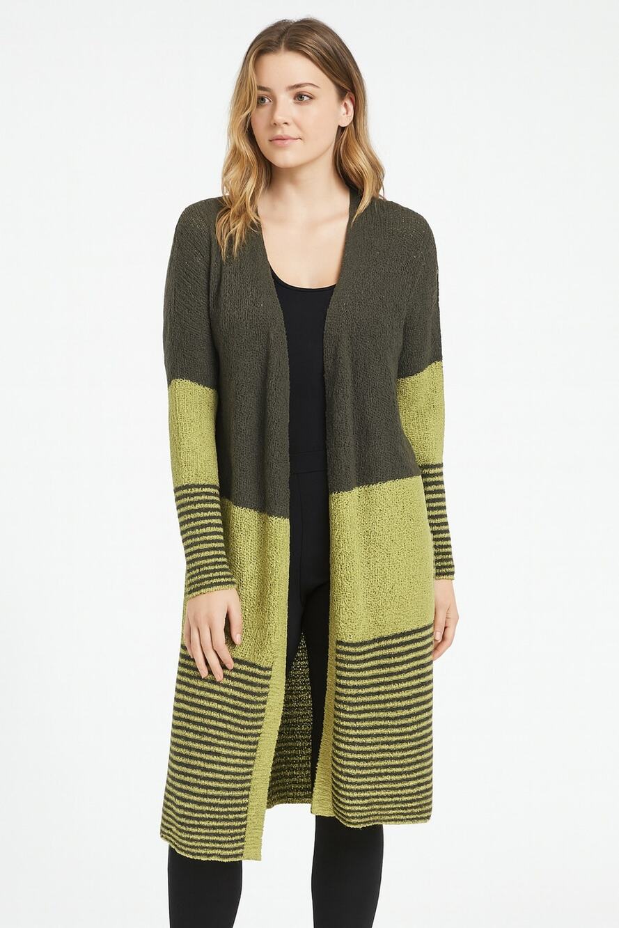 Stitchdrop Women’s Green Brown Stripe Open Front Duster Cardigan Size M NWOT